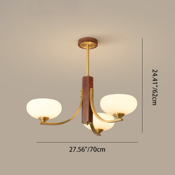 Traditionelle japanische Kuppel Ast Gebogener Stab Blume Oval Kupfer Walnuss Glas Lampenschirm 3/6 - Licht Kronleuchter für Wohnzimmer 
