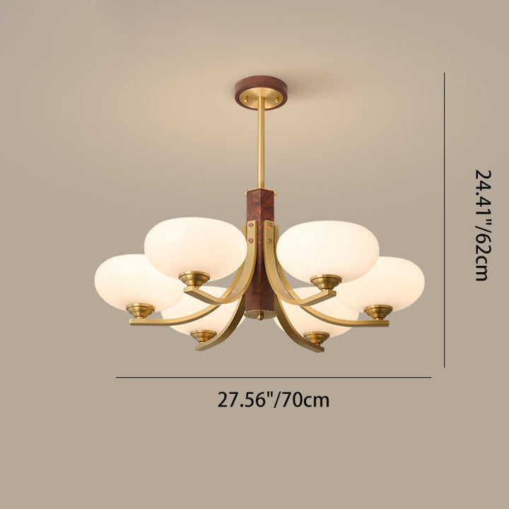 Traditionelle japanische Kuppel Ast Gebogener Stab Blume Oval Kupfer Walnuss Glas Lampenschirm 3/6 - Licht Kronleuchter für Wohnzimmer 