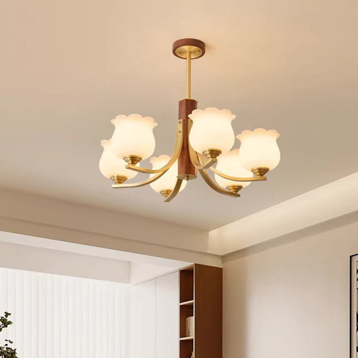 Traditionelle japanische Kuppel Ast Gebogener Stab Blume Oval Kupfer Walnuss Glas Lampenschirm 3/6 - Licht Kronleuchter für Wohnzimmer 
