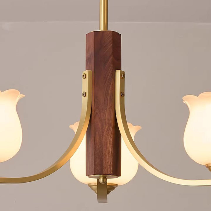 Traditionelle japanische Kuppel Ast Gebogener Stab Blume Oval Kupfer Walnuss Glas Lampenschirm 3/6 - Licht Kronleuchter für Wohnzimmer 