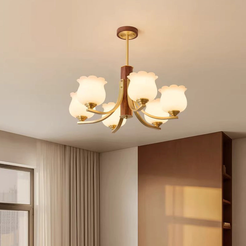 Traditionelle japanische Kuppel Ast Gebogener Stab Blume Oval Kupfer Walnuss Glas Lampenschirm 3/6 - Licht Kronleuchter für Wohnzimmer 