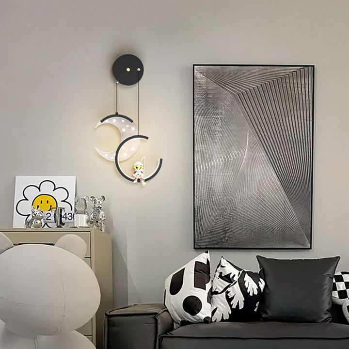 Zeitgenössische nordische Astronaut Mond Sterne Muster Acryl Eisen LED Wandleuchte für Wohnzimmer 