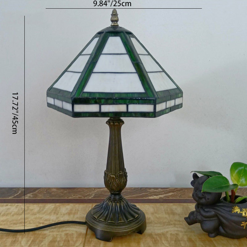 Lampe de table à 1 lumière avec abat-jour conique en verre à grille et base en résine vintage traditionnelle pour salon 