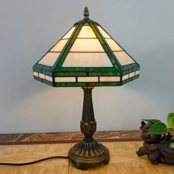 Lampe de table à 1 lumière avec abat-jour conique en verre à grille et base en résine vintage traditionnelle pour salon 