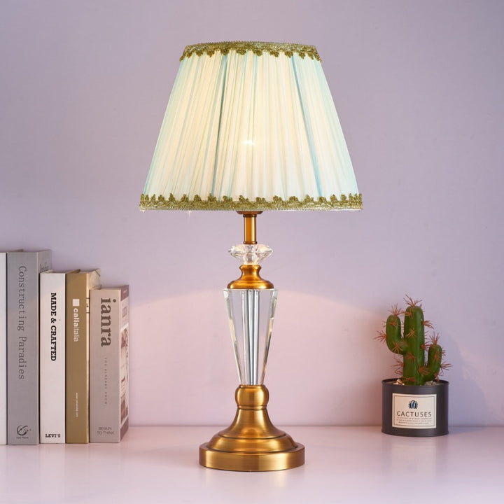 Traditional European Fabric Lampshade Crystal Copper Base 1 - Light Table Lamp For Living Room