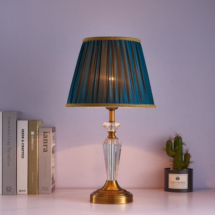 Traditional European Fabric Lampshade Crystal Copper Base 1 - Light Table Lamp For Living Room