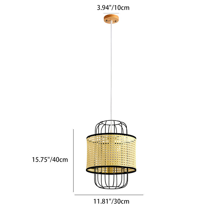 Zeitgenössische Boho Zylinder Kunststoff Rattan Weben Eisen 1 - Licht Pendelleuchte für Wohnzimmer 