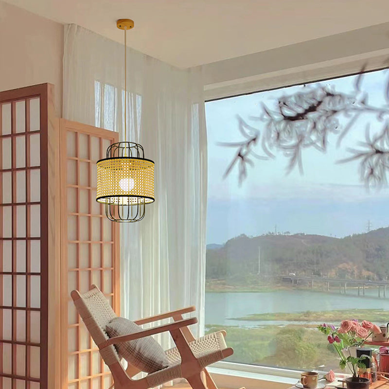 Zeitgenössische Boho Zylinder Kunststoff Rattan Weben Eisen 1 - Licht Pendelleuchte für Wohnzimmer 