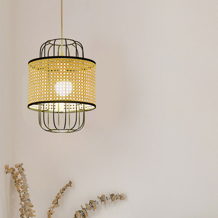 Zeitgenössische Boho Zylinder Kunststoff Rattan Weben Eisen 1 - Licht Pendelleuchte für Wohnzimmer 