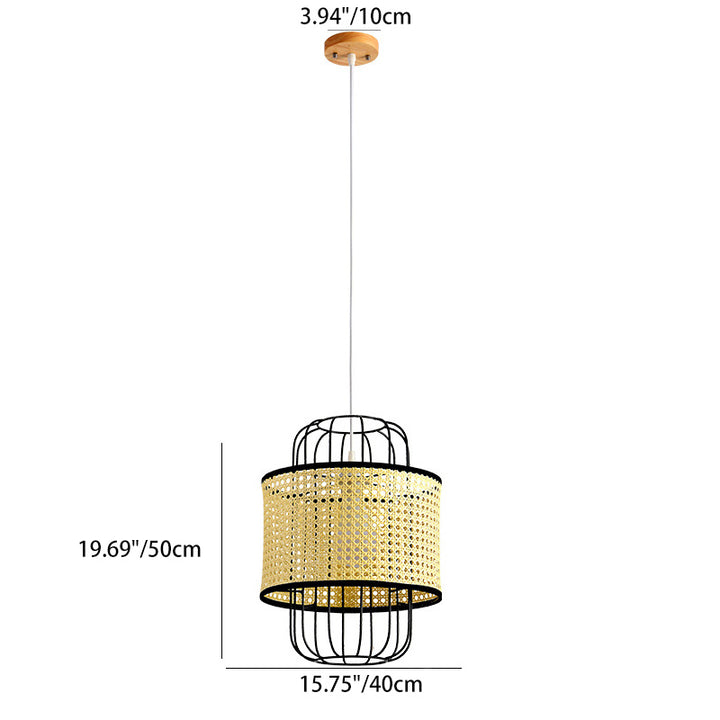 Zeitgenössische Boho Zylinder Kunststoff Rattan Weben Eisen 1 - Licht Pendelleuchte für Wohnzimmer 