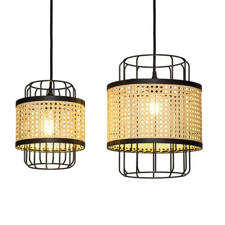 Zeitgenössische Boho Zylinder Kunststoff Rattan Weben Eisen 1 - Licht Pendelleuchte für Wohnzimmer 