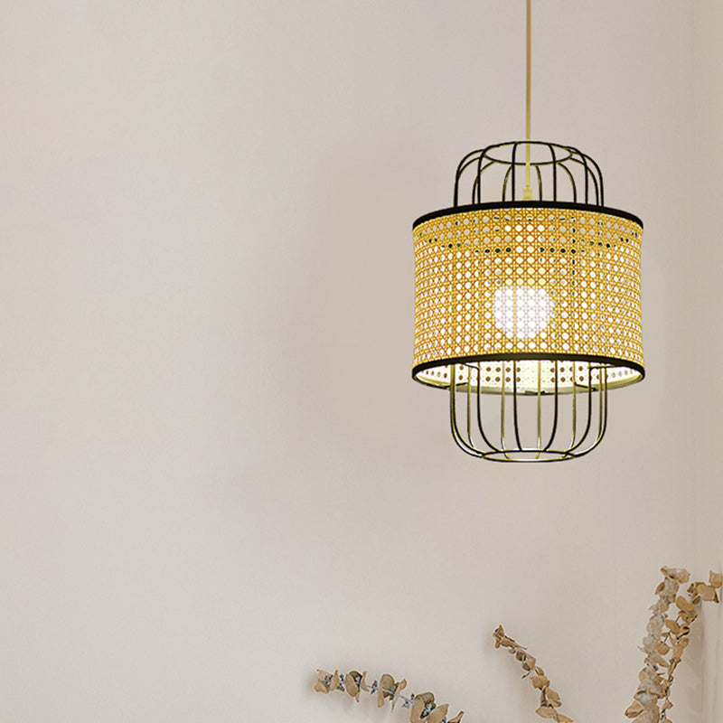 Zeitgenössische Boho Zylinder Kunststoff Rattan Weben Eisen 1 - Licht Pendelleuchte für Wohnzimmer 