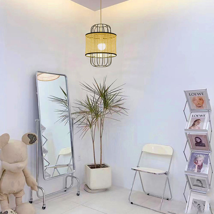 Zeitgenössische Boho Zylinder Kunststoff Rattan Weben Eisen 1 - Licht Pendelleuchte für Wohnzimmer 