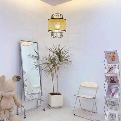 Lámpara colgante contemporánea boho cilindro de tejido de ratán de plástico de hierro 1 - luz para sala de estar 