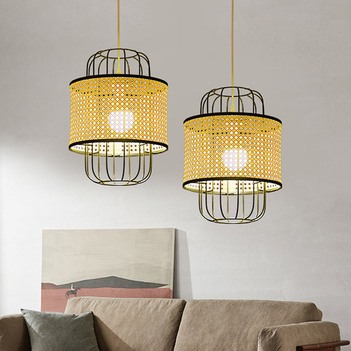 Zeitgenössische Boho Zylinder Kunststoff Rattan Weben Eisen 1 - Licht Pendelleuchte für Wohnzimmer 