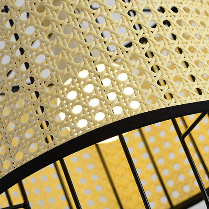 Zeitgenössische Boho Zylinder Kunststoff Rattan Weben Eisen 1 - Licht Pendelleuchte für Wohnzimmer 