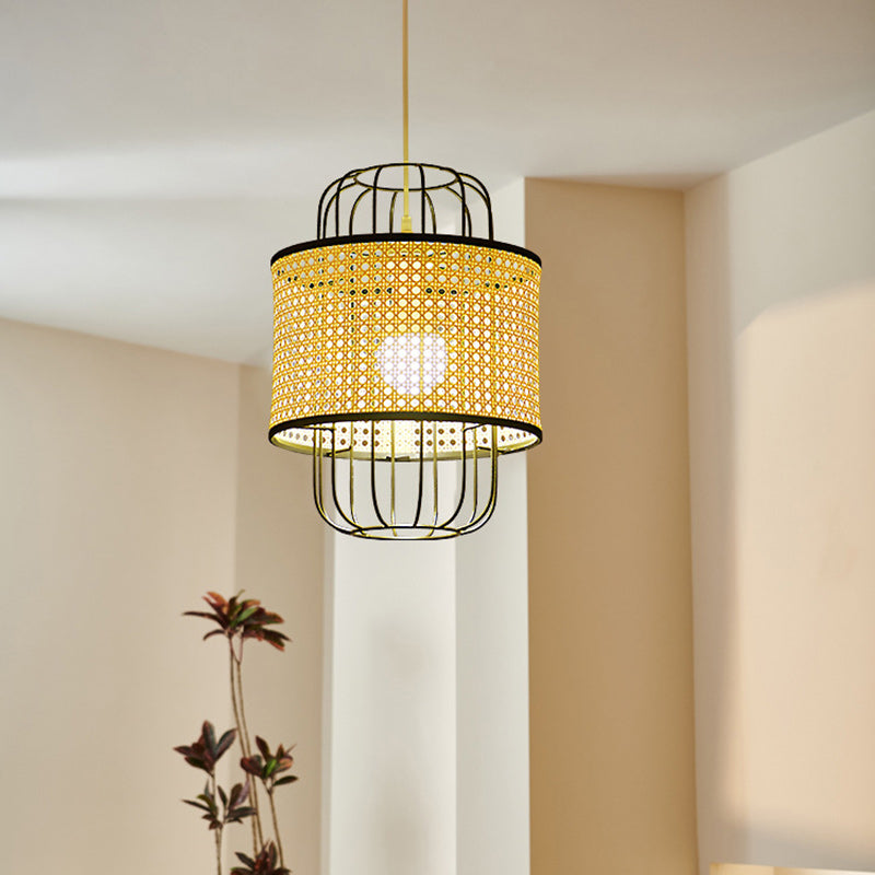 Zeitgenössische Boho Zylinder Kunststoff Rattan Weben Eisen 1 - Licht Pendelleuchte für Wohnzimmer 