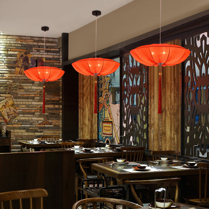 Traditional Chinese Lotus Petal Shape Fabric Iron 1/3-Light Chandeliers For Dining Room