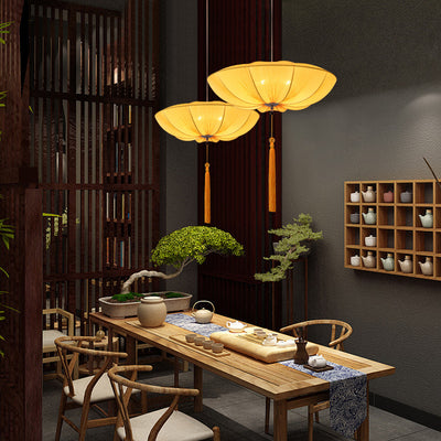 Traditioneller chinesischer Lampenschirm in Lotusblütenform aus Stoff, Hardware 1/3 - Licht Kronleuchter für Esszimmer 