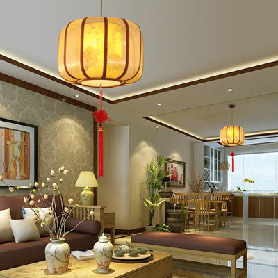 Traditionelle chinesische Lotus-Zylinder-Laterne Stofflampenschirm Eisen 1 - Licht Kronleuchter für Wohnzimmer 