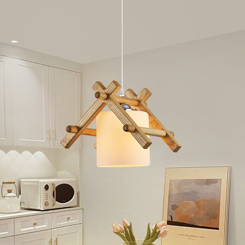 Traditional Japanese House Shape Ash Glass Lampshade 1 - Light Pendant Light For Dining Room