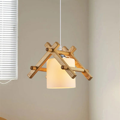 Traditional Japanese House Shape Ash Glass Lampshade 1 - Light Pendant Light For Dining Room