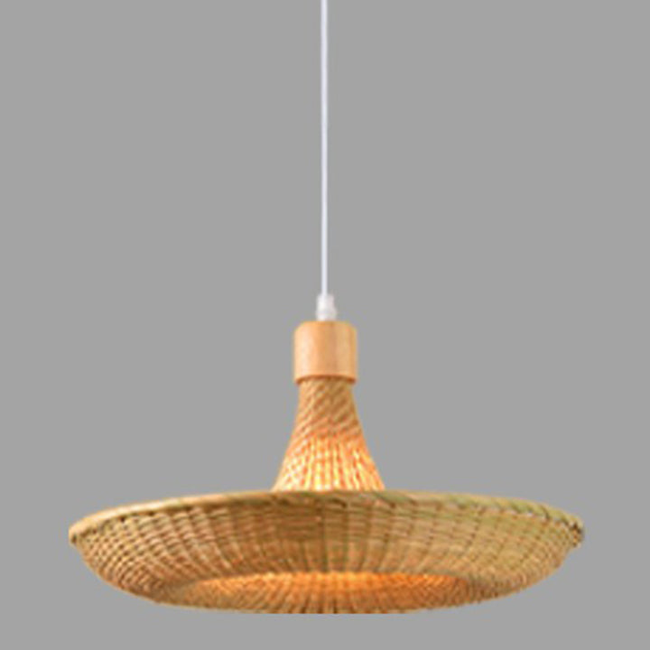 Contemporary Boho Hat Shape Bamboo Weaving Oak 1 - Light Pendant Light For Dining Room