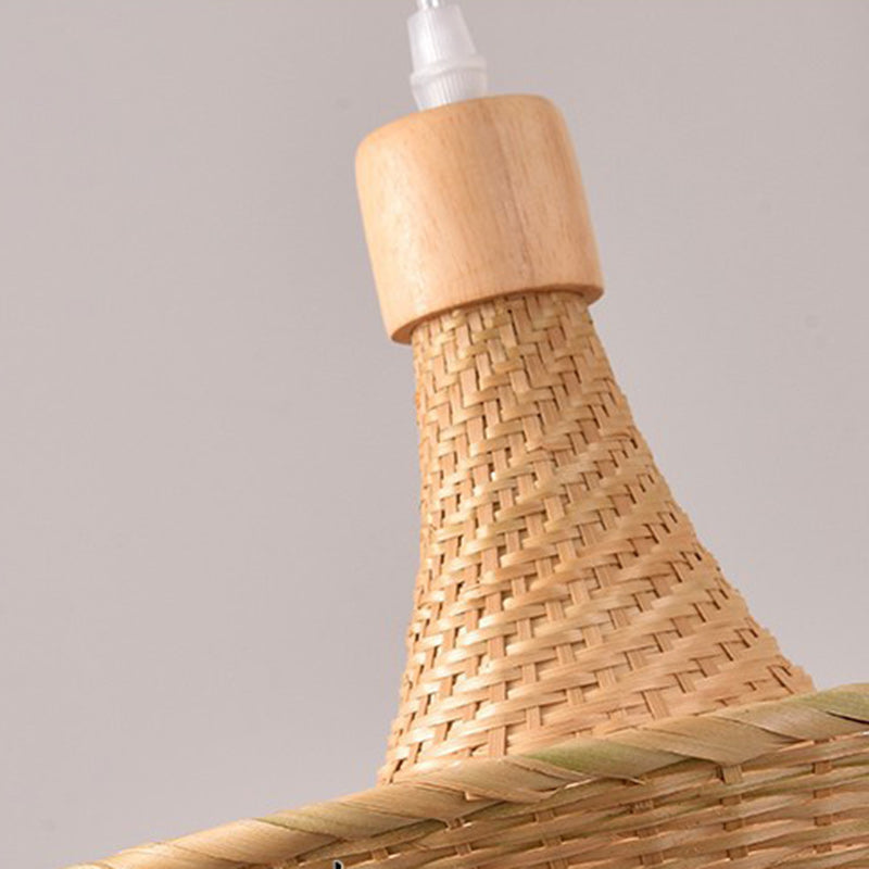 Contemporary Boho Hat Shape Bamboo Weaving Oak 1 - Light Pendant Light For Dining Room