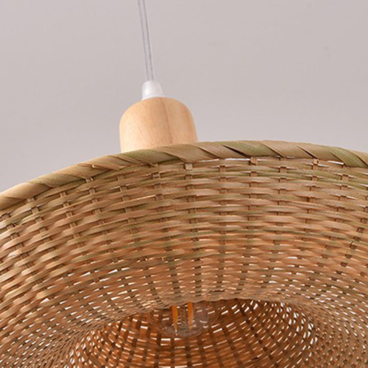 Contemporary Boho Hat Shape Bamboo Weaving Oak 1 - Light Pendant Light For Dining Room