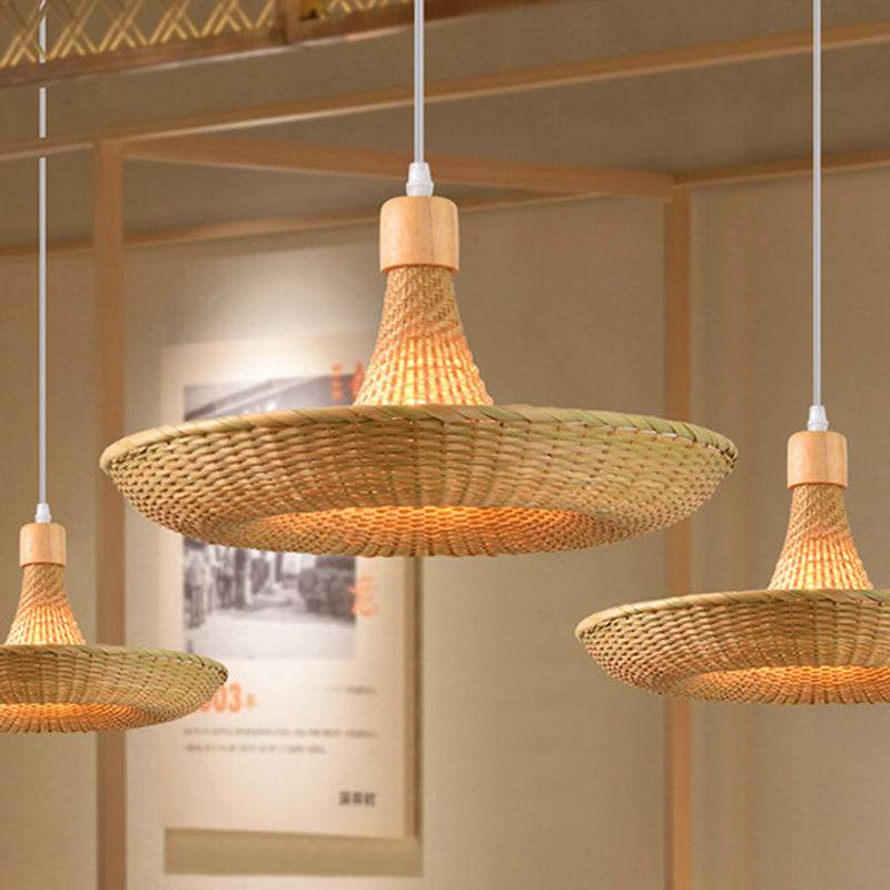 Contemporary Boho Hat Shape Bamboo Weaving Oak 1 - Light Pendant Light For Dining Room