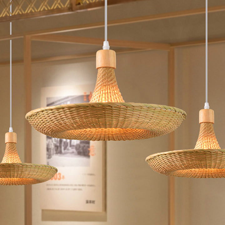 Contemporary Boho Hat Shape Bamboo Weaving Oak 1 - Light Pendant Light For Dining Room