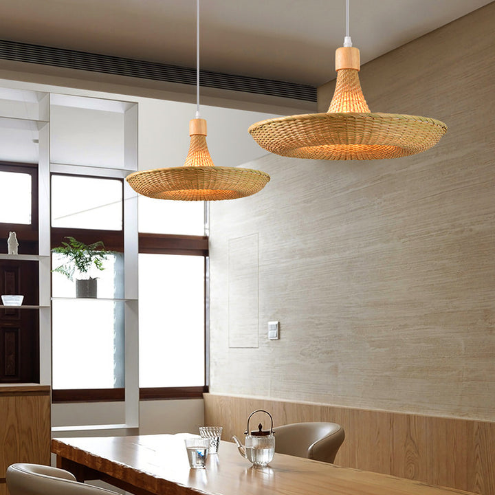 Contemporary Boho Hat Shape Bamboo Weaving Oak 1 - Light Pendant Light For Dining Room