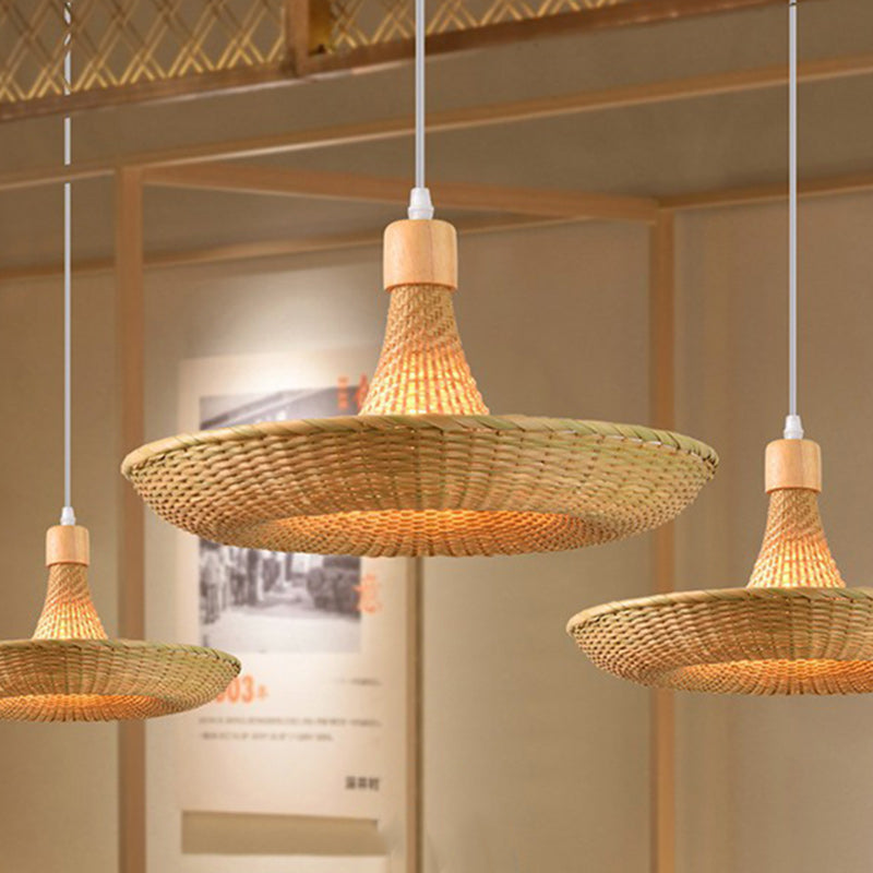 Contemporary Boho Hat Shape Bamboo Weaving Oak 1 - Light Pendant Light For Dining Room