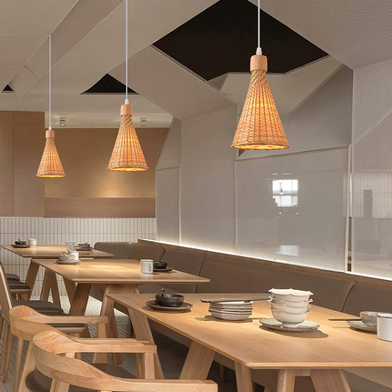 Contemporary Boho Hat Shape Bamboo Weaving Oak 1 - Light Pendant Light For Dining Room