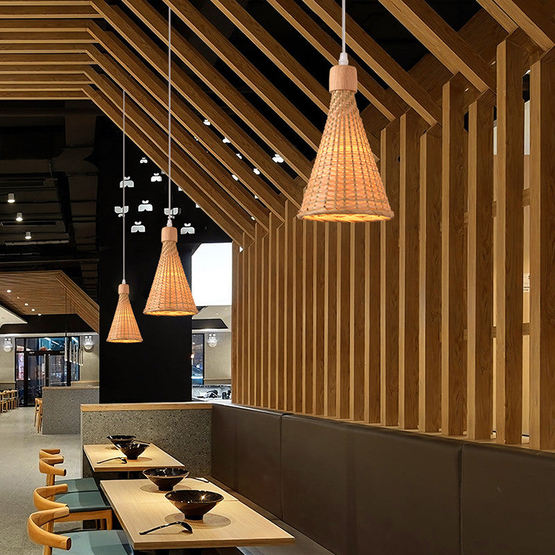 Contemporary Boho Hat Shape Bamboo Weaving Oak 1 - Light Pendant Light For Dining Room