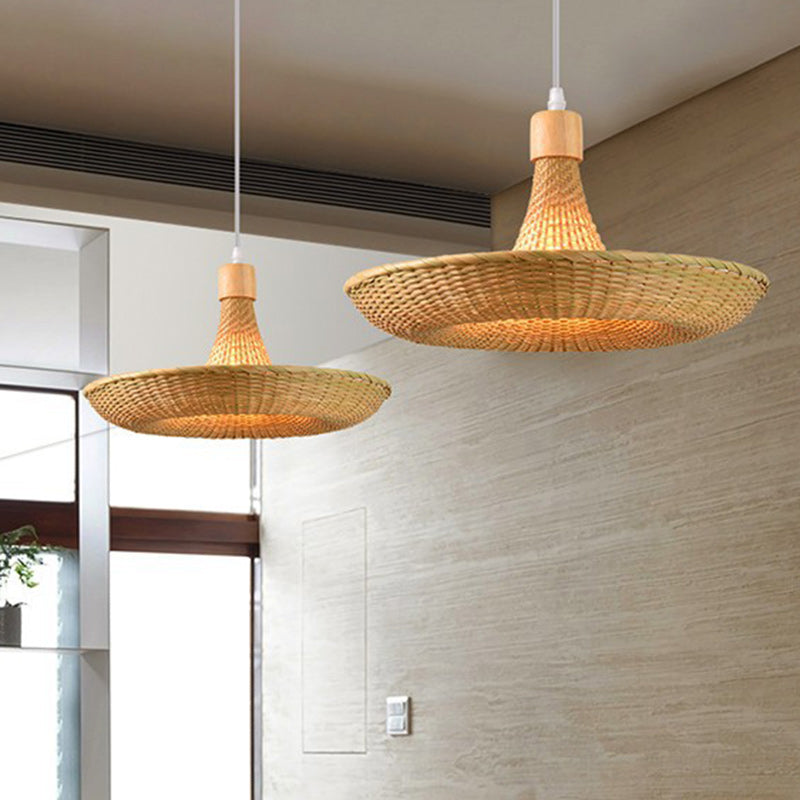 Contemporary Boho Hat Shape Bamboo Weaving Oak 1 - Light Pendant Light For Dining Room