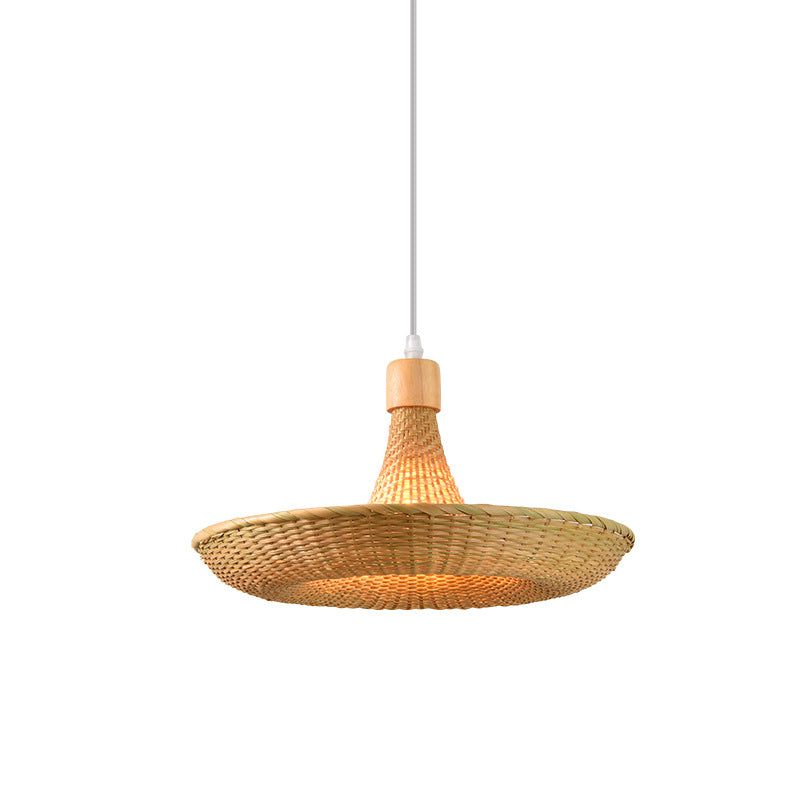 Contemporary Boho Hat Shape Bamboo Weaving Oak 1 - Light Pendant Light For Dining Room