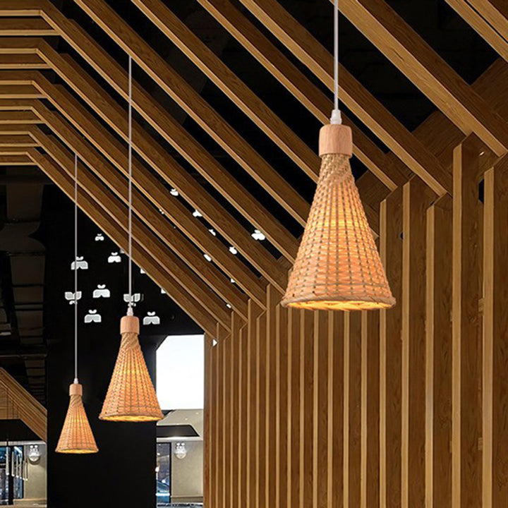 Contemporary Boho Hat Shape Bamboo Weaving Oak 1 - Light Pendant Light For Dining Room