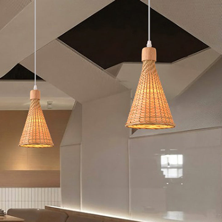 Contemporary Boho Hat Shape Bamboo Weaving Oak 1 - Light Pendant Light For Dining Room