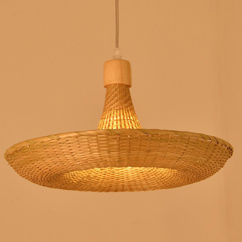 Contemporary Boho Hat Shape Bamboo Weaving Oak 1 - Light Pendant Light For Dining Room