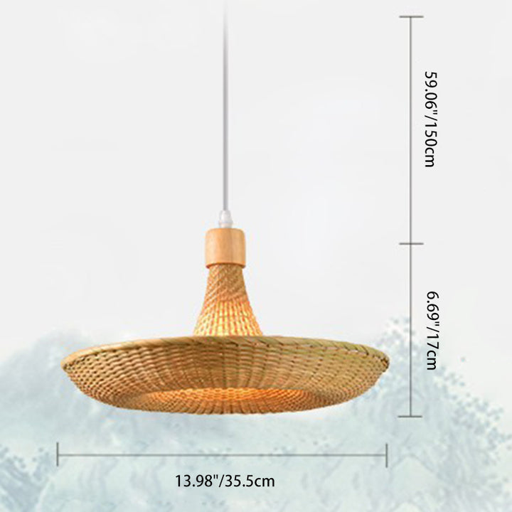 Contemporary Boho Hat Shape Bamboo Weaving Oak 1 - Light Pendant Light For Dining Room