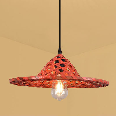 Contemporary Boho Hat Shape Bamboo Weaving Lampshade Iron 1 - Light Pendant Light For Dining Room
