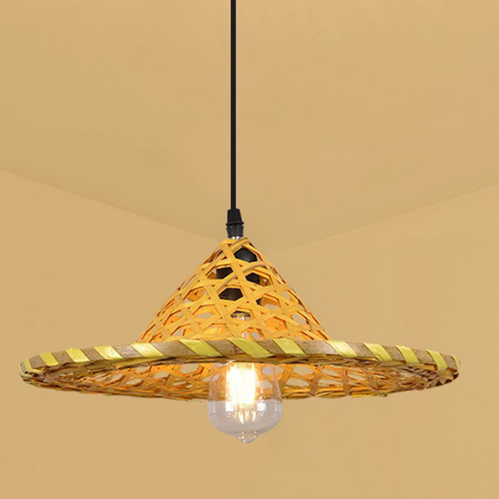 Contemporary Boho Hat Shape Bamboo Weaving Lampshade Iron 1 - Light Pendant Light For Dining Room