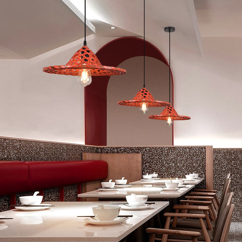 Contemporary Boho Hat Shape Bamboo Weaving Lampshade Iron 1 - Light Pendant Light For Dining Room