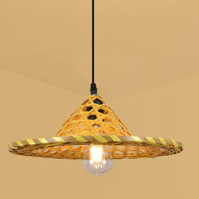 Contemporary Boho Hat Shape Bamboo Weaving Lampshade Iron 1 - Light Pendant Light For Dining Room