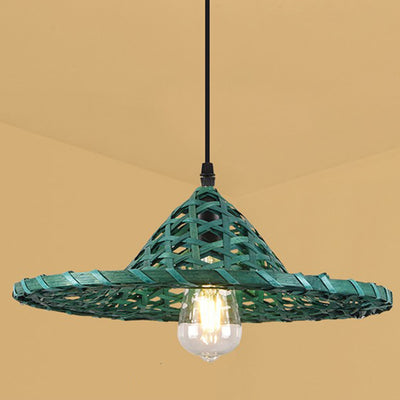 Contemporary Boho Hat Shape Bamboo Weaving Lampshade Iron 1 - Light Pendant Light For Dining Room