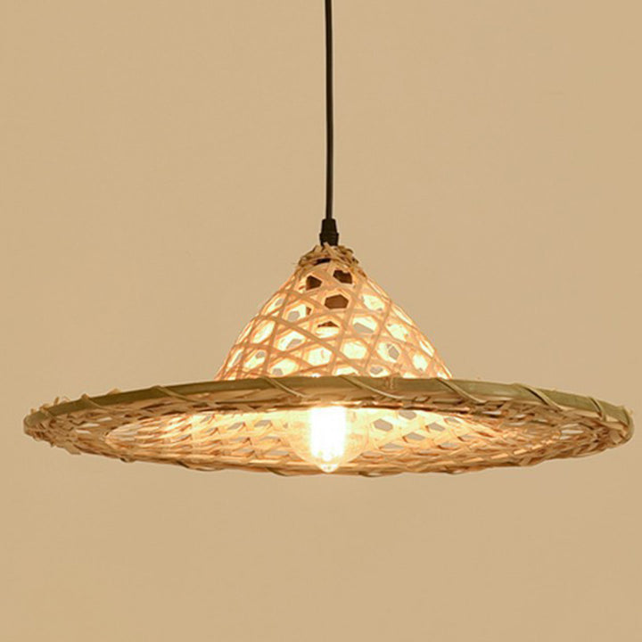 Contemporary Boho Hat Shape Bamboo Weaving Lampshade Iron 1 - Light Pendant Light For Dining Room
