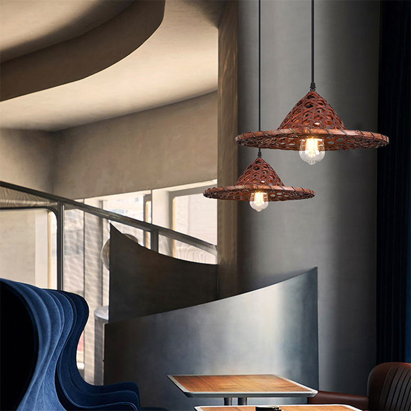 Contemporary Boho Hat Shape Bamboo Weaving Lampshade Iron 1 - Light Pendant Light For Dining Room