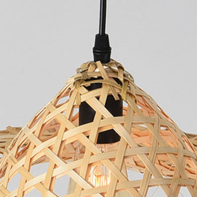 Contemporary Boho Hat Shape Bamboo Weaving Lampshade Iron 1 - Light Pendant Light For Dining Room