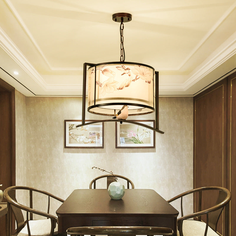 Traditional Chinese Flower Pattern Bird Fabric Lampshade Iron 3 - Light Chandelier For Dining Room